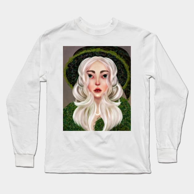 Forest Witch Illustration Fern Witch Hat White Hair Green Eyes Stars and Crescent Moon Long Sleeve T-Shirt by penandbea